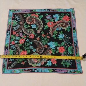 Vintage Scarf Vibrant Pinks Blues Green with Black Background Marked LEONARD